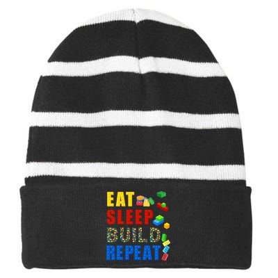 Eat Sleep Build Repeat Building Bricks Blocks Master Builder Striped Beanie with Solid Band