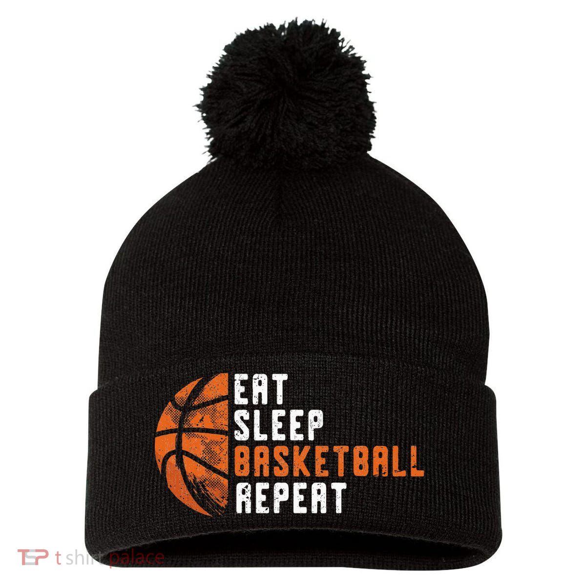 Eat Sleep Basketball Repeat Basketball Pom Pom 12in Knit Beanie