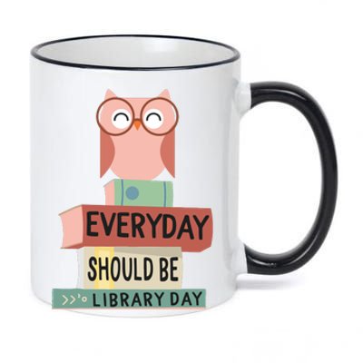 Everyday Should Be Library Day Cute Owl Reading Books Lover 11oz Black Color Changing Mug