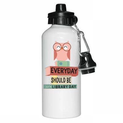 Everyday Should Be Library Day Cute Owl Reading Books Lover Aluminum Water Bottle