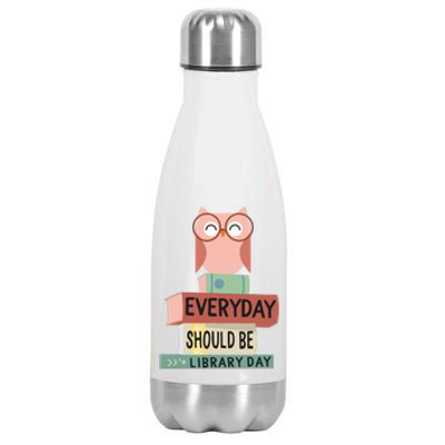 Everyday Should Be Library Day Cute Owl Reading Books Lover Stainless Steel Insulated Water Bottle