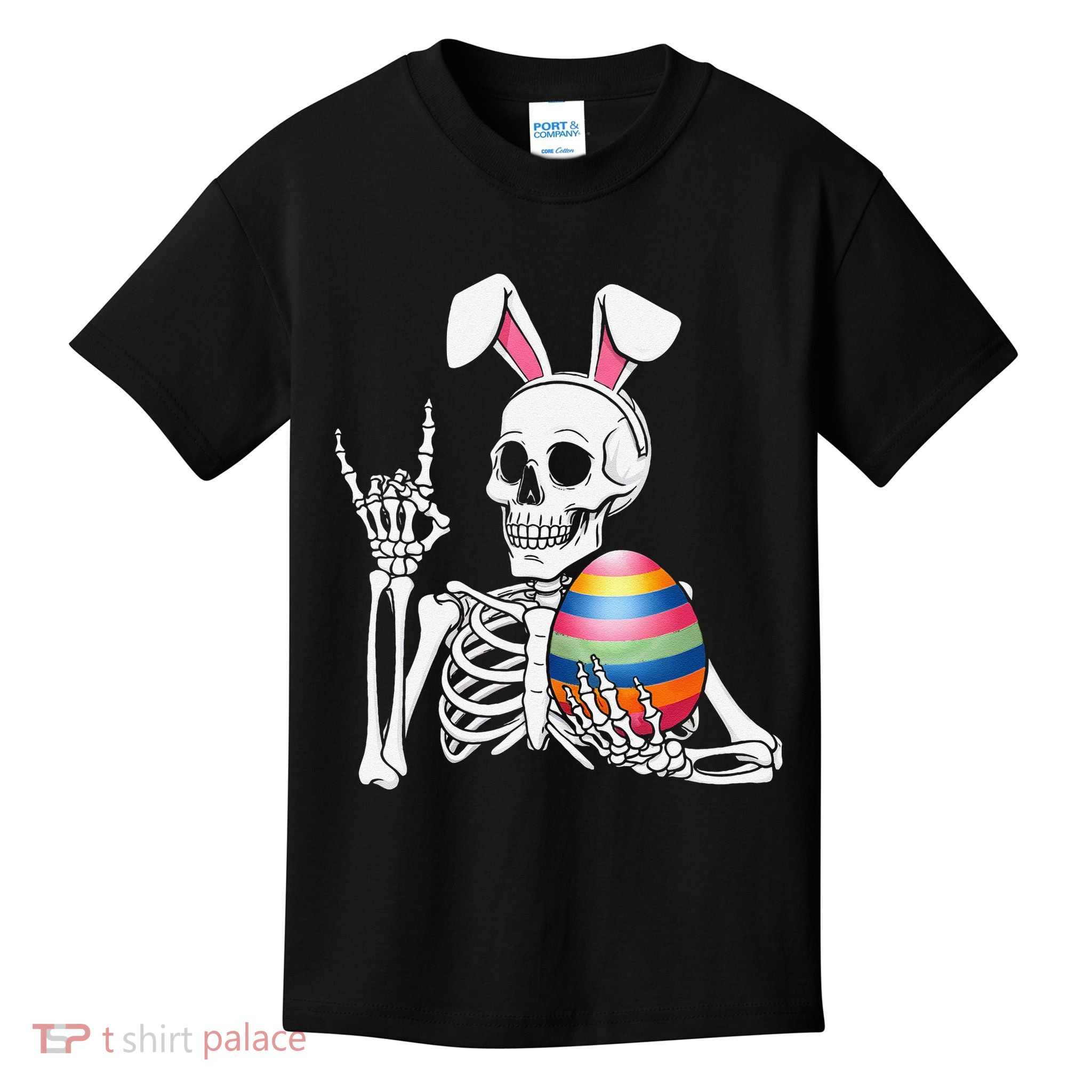 Easter Skeleton Bunny Rock Hand Rocker Teens Kids T-Shirt