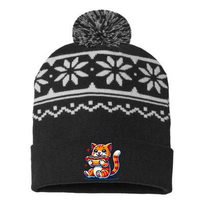 Eating Sausage Bun Kitten Lover Patty Chubby Cute Cat USA-Made Snowflake Beanie