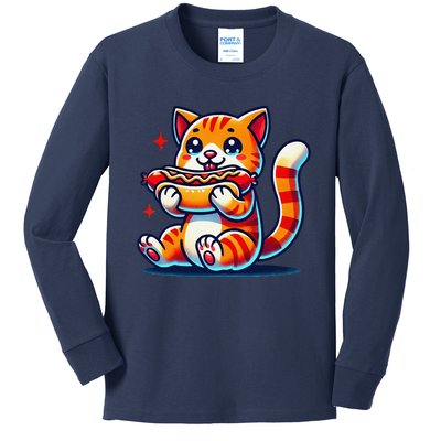 Eating Sausage Bun Kitten Lover Patty Chubby Cute Cat Kids Long Sleeve Shirt