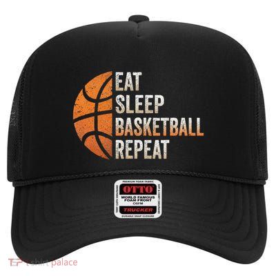 Eat Sleep Basketball Repeat Funny Basketball Coach High Crown Mesh Back Trucker Hat