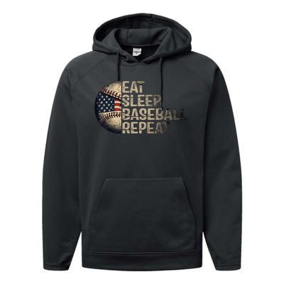 Eat Sleep Baseball Repeat Baseball Player Usa Flag Baseball Performance Fleece Hoodie