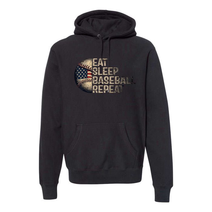 Eat Sleep Baseball Repeat Baseball Player Usa Flag Baseball Premium Hoodie