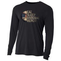 Eat Sleep Baseball Repeat Baseball Player Usa Flag Baseball Cooling Performance Long Sleeve Crew