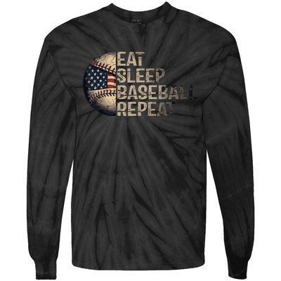 Eat Sleep Baseball Repeat Baseball Player Usa Flag Baseball Tie-Dye Long Sleeve Shirt