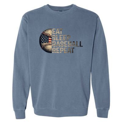 Eat Sleep Baseball Repeat Baseball Player Usa Flag Baseball Garment-Dyed Sweatshirt