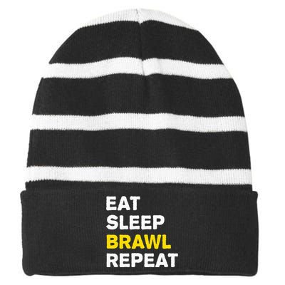 Eat Sleep Brawl Repeat Gamer Striped Beanie with Solid Band