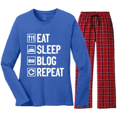 Eat Sleep Blog Repeat Vlogging Blogging Traveler Blogger Gift Women's Long Sleeve Flannel Pajama Set 