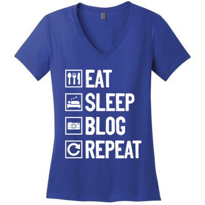 Eat Sleep Blog Repeat Vlogging Blogging Traveler Blogger Gift Women's V-Neck T-Shirt