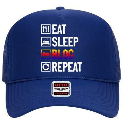 Eat Sleep Blog Repeat Vlogging Blogging Traveler Blogger Meaningful Gift High Crown Mesh Back Trucker Hat