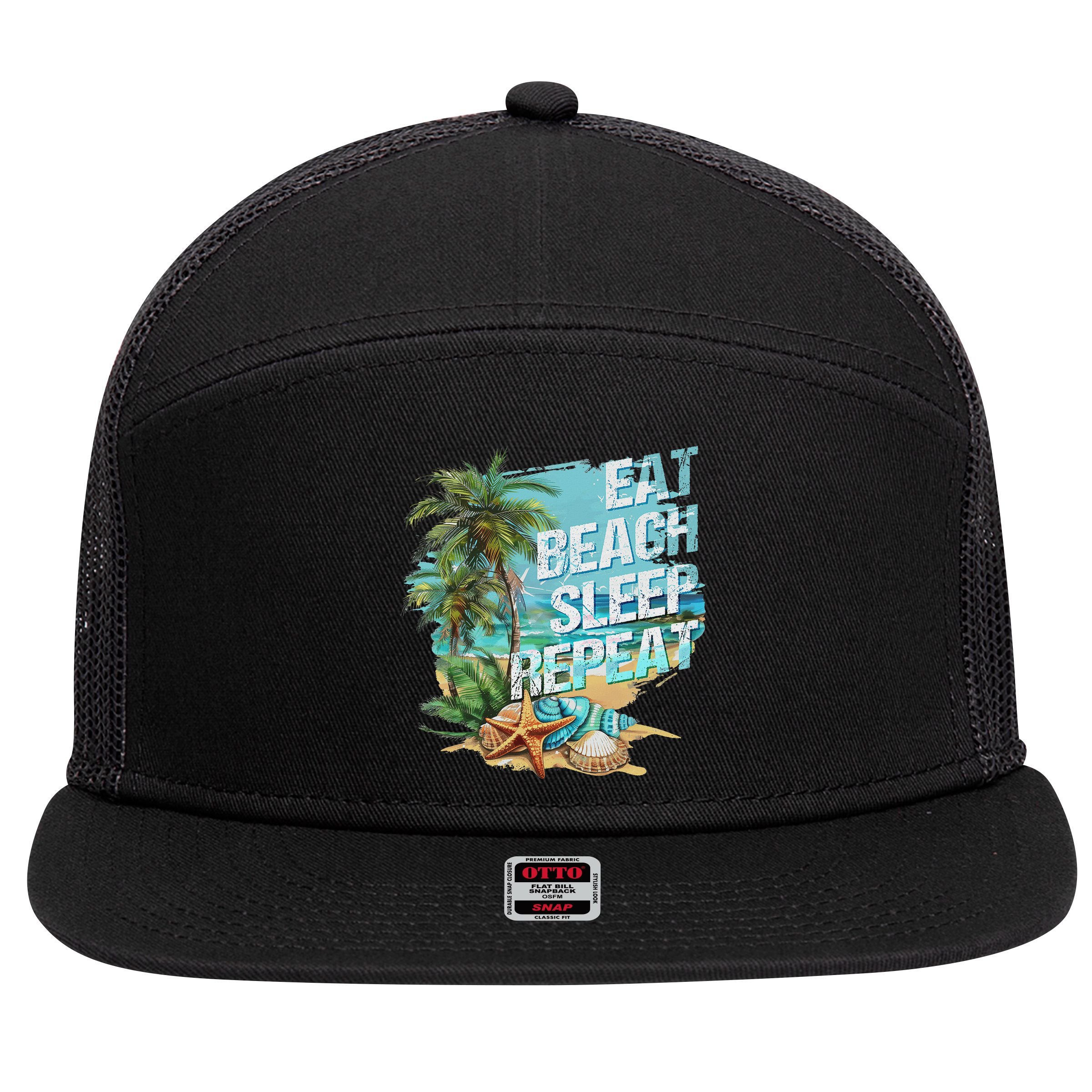 Eat Sleep Beach Repeat Summer Vacation Tropical Beach Design 7 Panel Mesh Trucker Snapback Hat