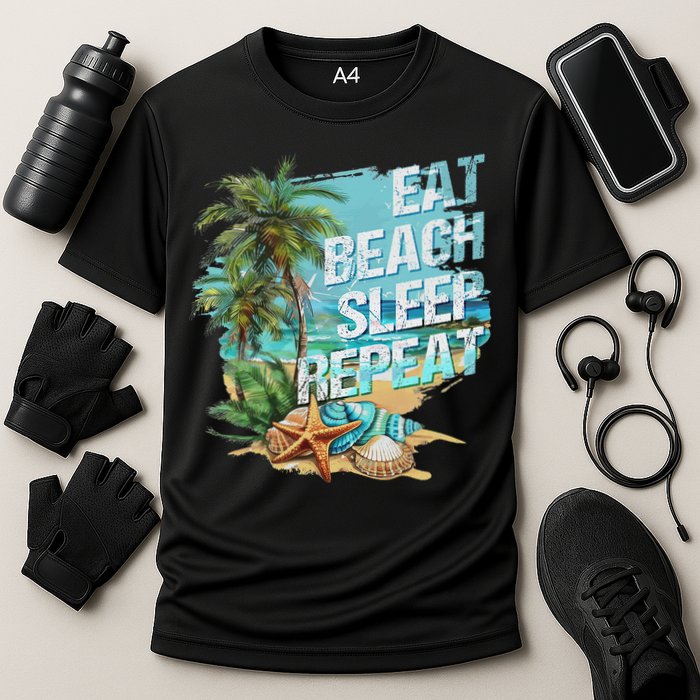 Eat Sleep Beach Repeat Summer Vacation Tropical Beach Design Cooling Performance Crew T-Shirt