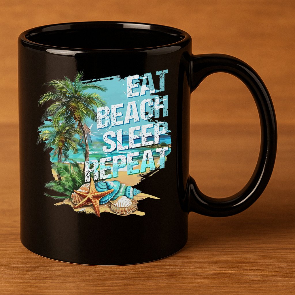 Eat Sleep Beach Repeat Summer Vacation Tropical Beach Design 11oz C Handle Ceramic Mug