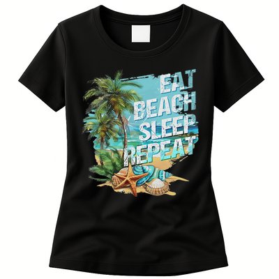 Eat Sleep Beach Repeat Summer Vacation Tropical Beach Design Womens T-Shirt