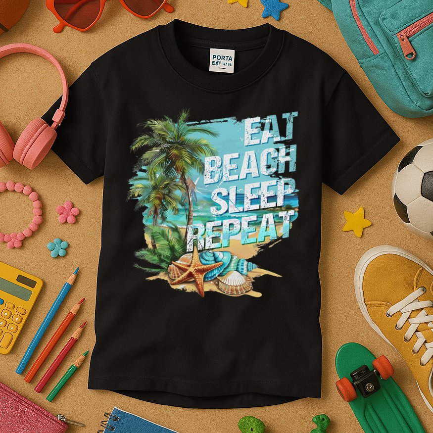 Eat Sleep Beach Repeat Summer Vacation Tropical Beach Design Kids T-Shirt
