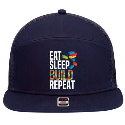 Eat Sleep Build Repeat Building Blocks Bricks Master Builder 7 Panel Mesh Trucker Snapback Hat