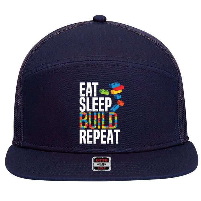 Eat Sleep Build Repeat Building Blocks Bricks Master Builder 7 Panel Mesh Trucker Snapback Hat