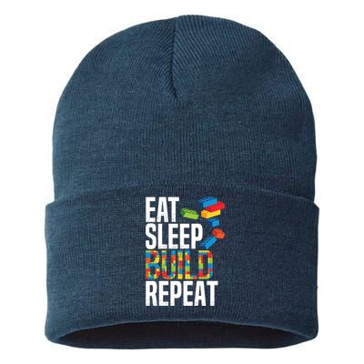Eat Sleep Build Repeat Building Blocks Bricks Master Builder Sustainable Knit Beanie