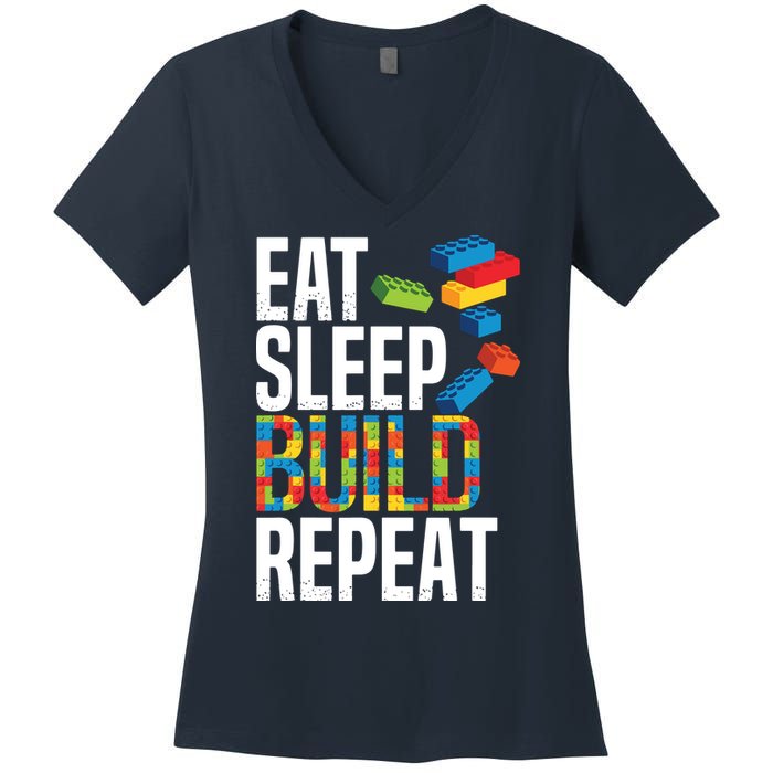Eat Sleep Build Repeat Building Blocks Bricks Master Builder Women's V-Neck T-Shirt