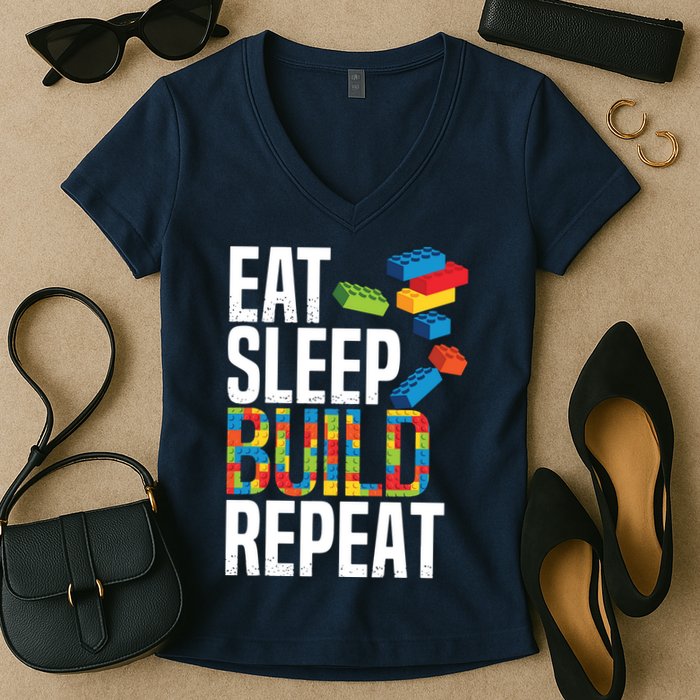 Eat Sleep Build Repeat Building Blocks Bricks Master Builder Women's V-Neck T-Shirt