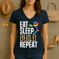 Eat Sleep Build Repeat Building Blocks Bricks Master Builder Women's V-Neck T-Shirt