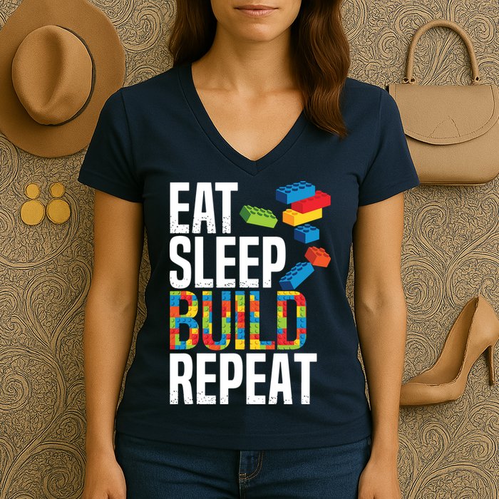Eat Sleep Build Repeat Building Blocks Bricks Master Builder Women's V-Neck T-Shirt