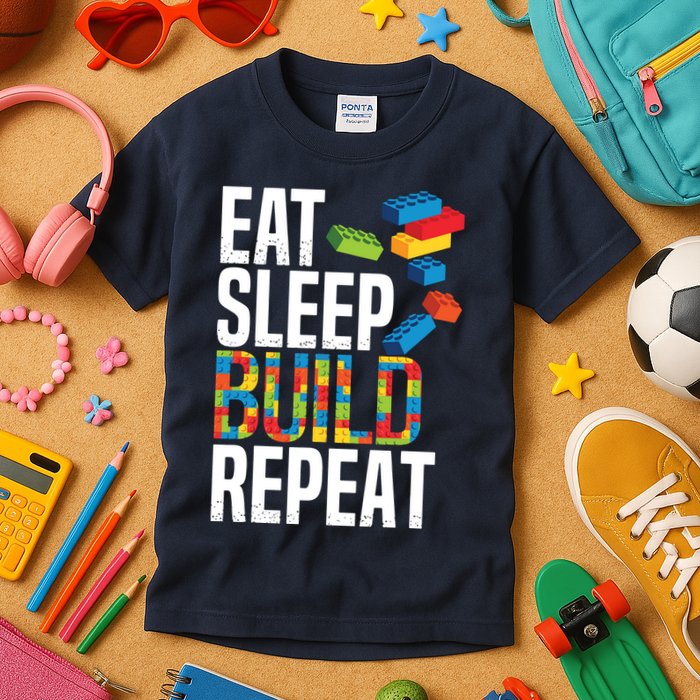 Eat Sleep Build Repeat Building Blocks Bricks Master Builder Kids T-Shirt
