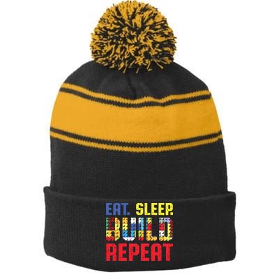 Eat Sleep Build Repeat Building Funny Builders Stripe Pom Pom Beanie