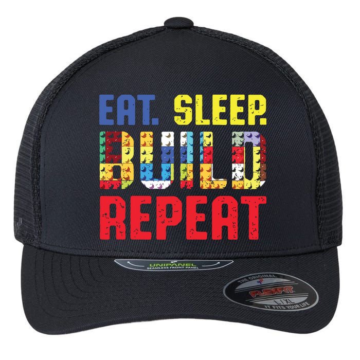 Eat Sleep Build Repeat Building Funny Builders Flexfit Unipanel Trucker Cap