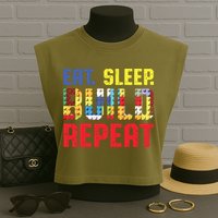 Eat Sleep Build Repeat Building Funny Builders Garment-Dyed Women's Muscle Tee