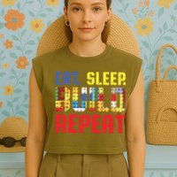 Eat Sleep Build Repeat Building Funny Builders Garment-Dyed Women's Muscle Tee