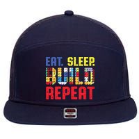 Eat Sleep Build Repeat Building Funny Builders 7 Panel Mesh Trucker Snapback Hat