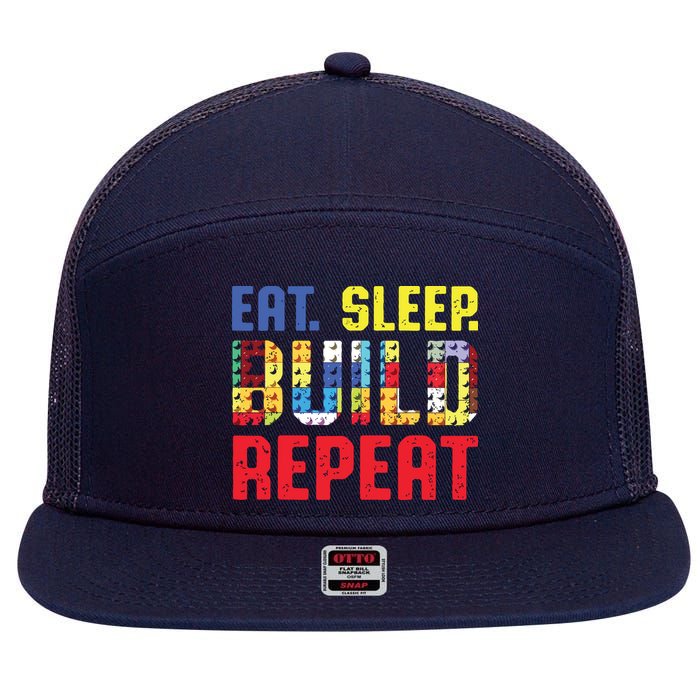 Eat Sleep Build Repeat Building Funny Builders 7 Panel Mesh Trucker Snapback Hat