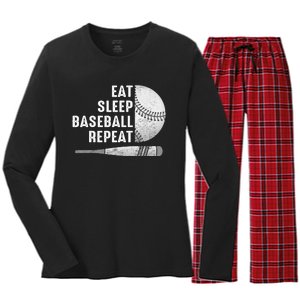 Eat Sleep Baseball Repeat Funny Baseball Gift Ideas Women's Long Sleeve Flannel Pajama Set 