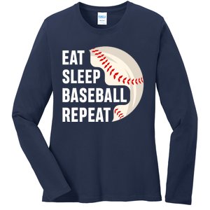 EAT SLEEP BASEBALL REPEAT Baseball Player Ladies Long Sleeve Shirt