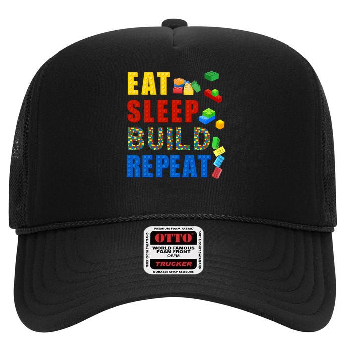 Eat Sleep Build Repeat Building Bricks Blocks Master Builder High Crown Mesh Back Trucker Hat