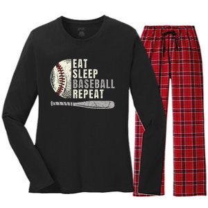 Eat Sleep Baseball Repeat Funny Baseball Player Women's Long Sleeve Flannel Pajama Set 