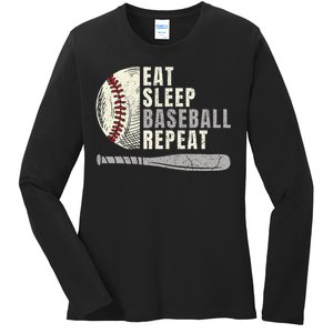 Eat Sleep Baseball Repeat Funny Baseball Player Ladies Long Sleeve Shirt