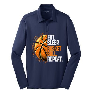 Eat Sleep Basketball Repeat Funny Basketball Lovers Silk Touch Performance Long Sleeve Polo