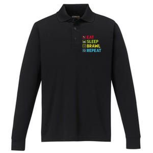 Eat Sleep Brawl Repeat Funny Video Gamer Gaming Performance Long Sleeve Polo