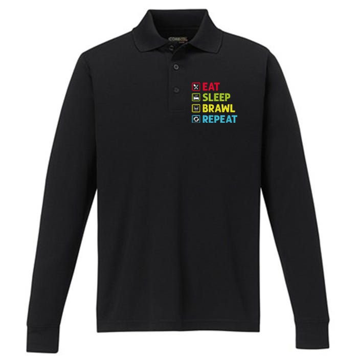 Eat Sleep Brawl Repeat Funny Video Gamer Gaming Performance Long Sleeve Polo