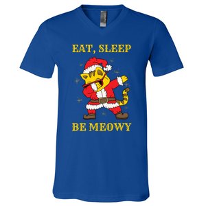 Eat Sleep Be Meowy Funny Santa Claus Dabbing Cat Pun Xmas Gift V-Neck T-Shirt