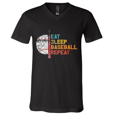 Eat Sleep Baseball Repeat retro vintage baseball player fun V-Neck T-Shirt