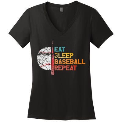 Eat Sleep Baseball Repeat retro vintage baseball player fun Women's V-Neck T-Shirt