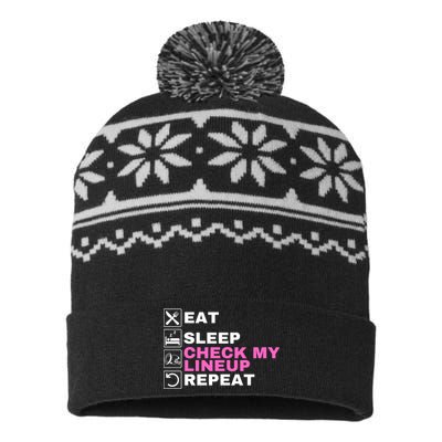 Eat Sleep Check My Lineup Repeat Fantasy Football Fantasy Football Fanatics USA-Made Snowflake Beanie