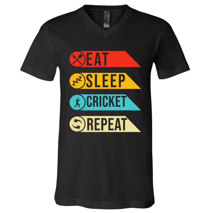 Eat Sleep Cricket Repeat Cricketers Bowlers Sports Vintage V-Neck T-Shirt